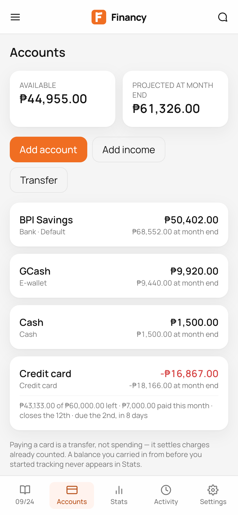Financy’s accounts on a phone.