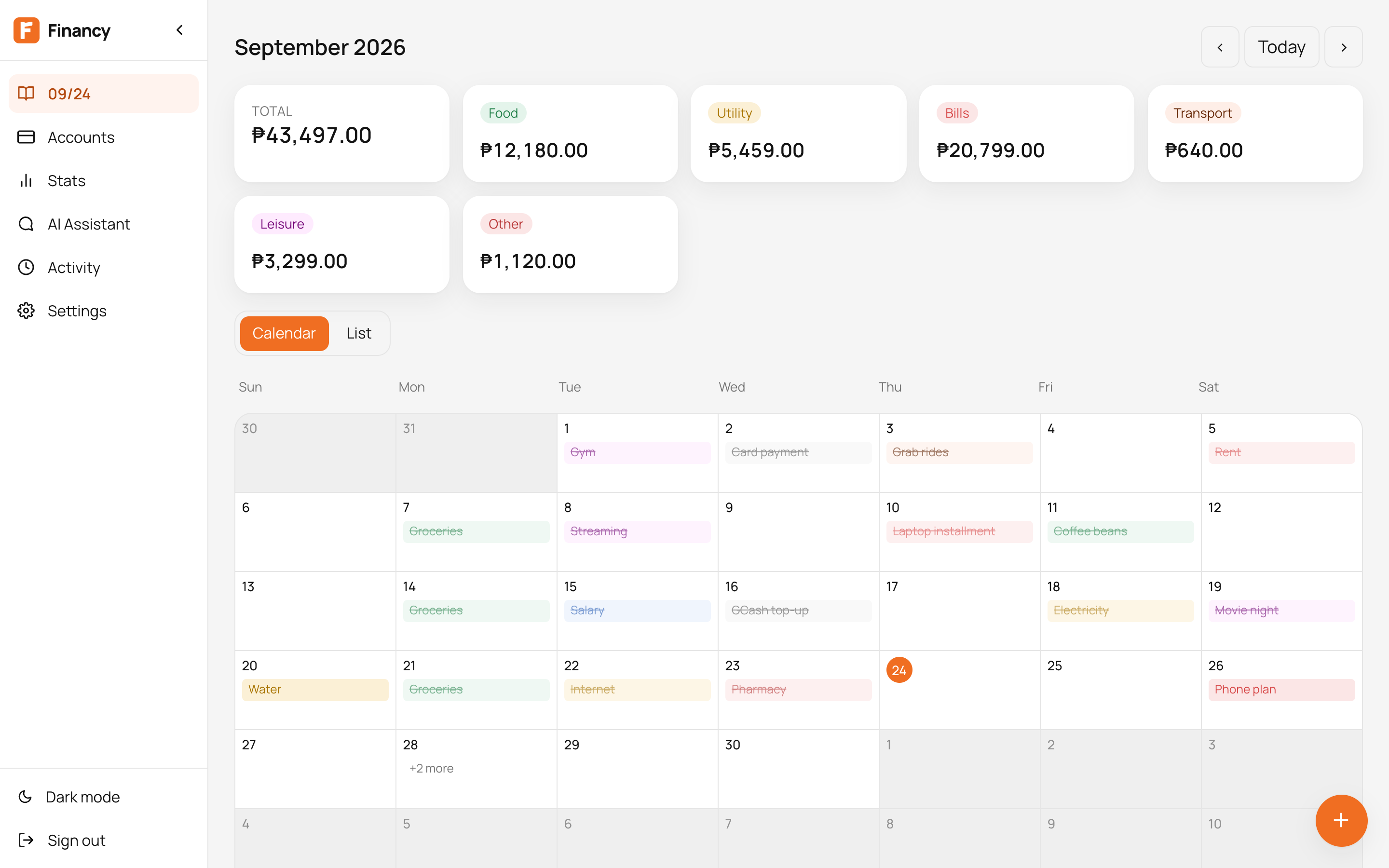 Financy’s month view: totals by category above a calendar of bills, paydays and transfers, with past items crossed off as paid.