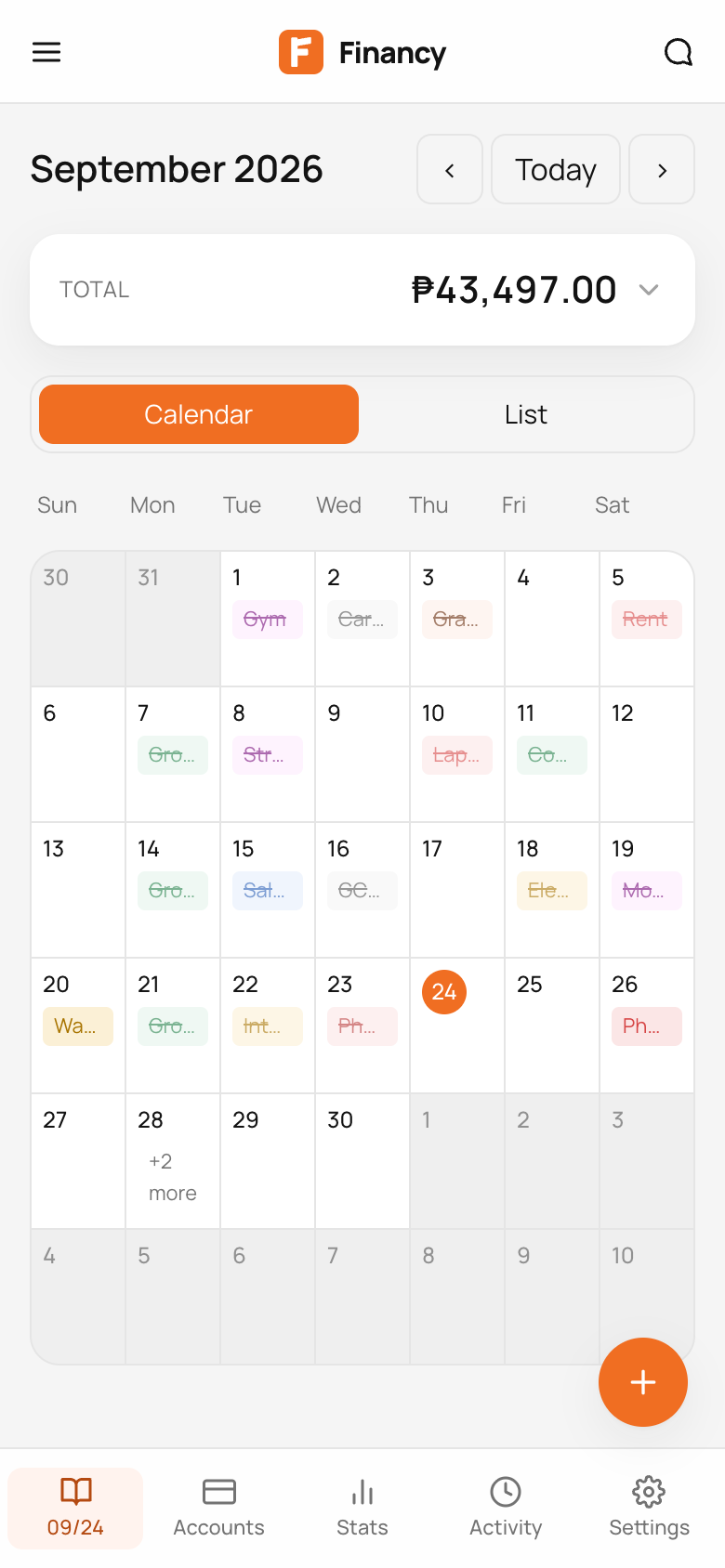 The same month on a phone: the total, then the calendar with each day’s items.